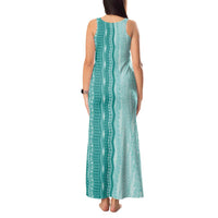 Vintage Teal Hawaiian Traditional Kapa Mix Flowers Lei Tank Maxi Dress