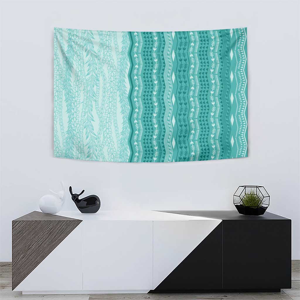 Vintage Teal Hawaiian Traditional Kapa Mix Flowers Lei Tapestry