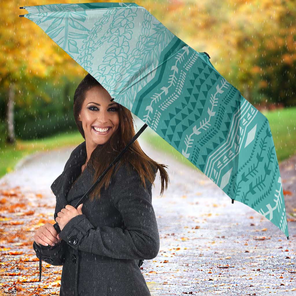 Vintage Teal Hawaiian Traditional Kapa Mix Flowers Lei Umbrella