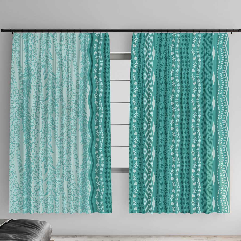 Vintage Teal Hawaiian Traditional Kapa Mix Flowers Lei Window Curtain