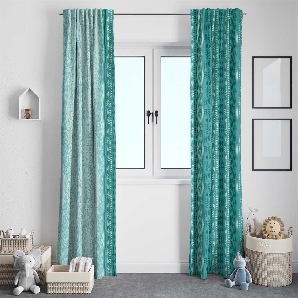 Vintage Teal Hawaiian Traditional Kapa Mix Flowers Lei Window Curtain