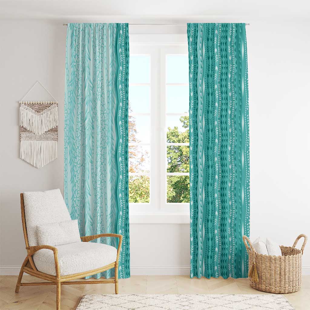 Vintage Teal Hawaiian Traditional Kapa Mix Flowers Lei Window Curtain