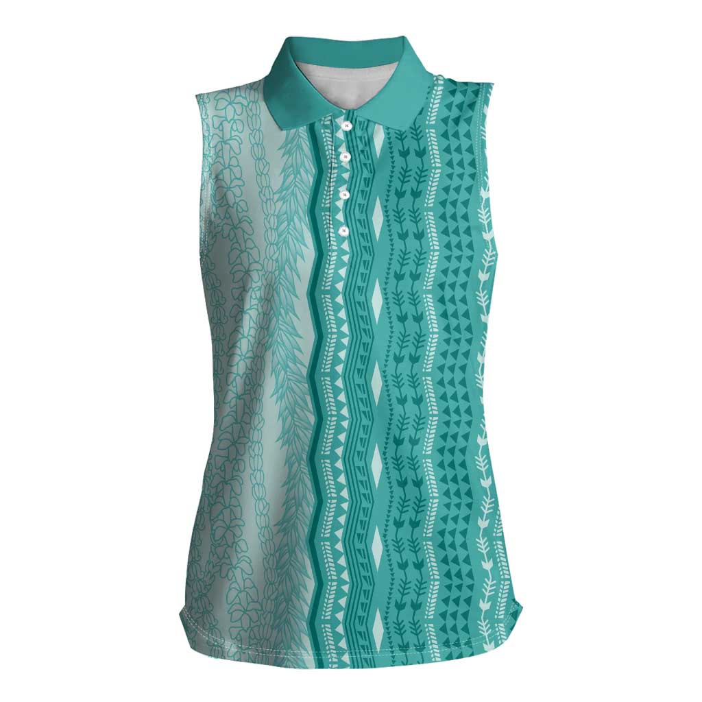 Vintage Teal Hawaiian Traditional Kapa Mix Flowers Lei Women Sleeveless Polo Shirt LT7 Female Teal - Polynesian Pride