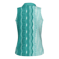 Vintage Teal Hawaiian Traditional Kapa Mix Flowers Lei Women Sleeveless Polo Shirt LT7 - Polynesian Pride