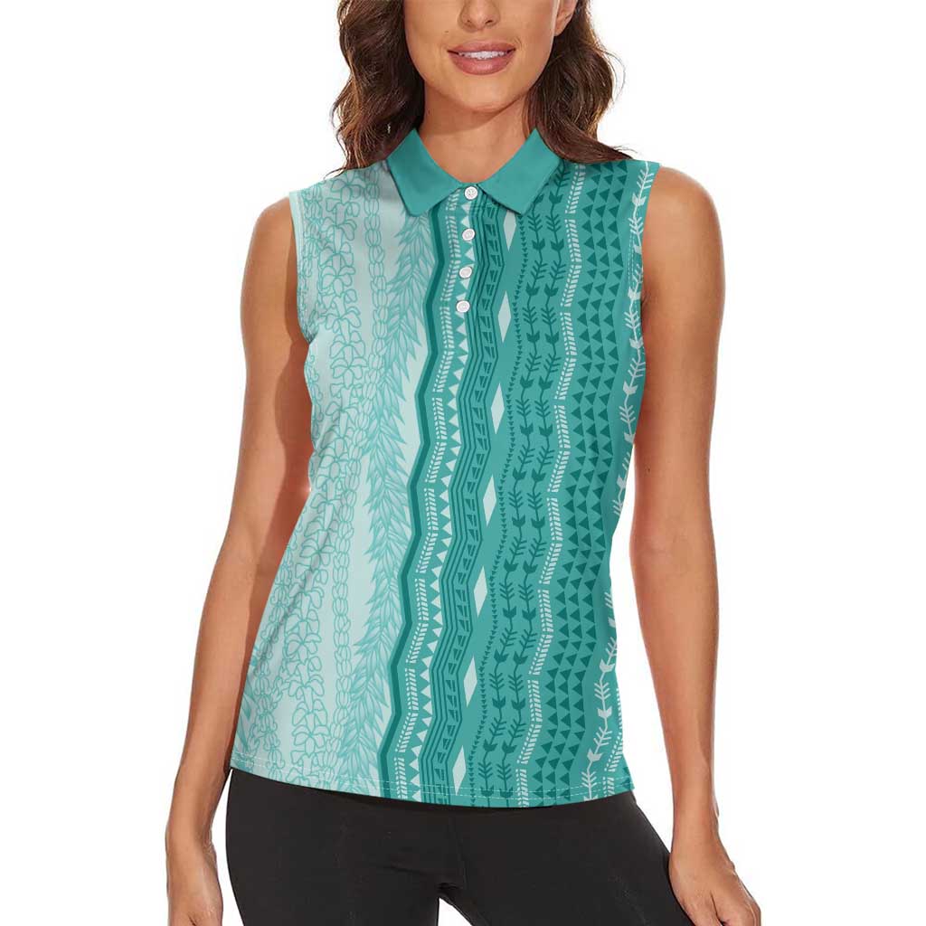 Vintage Teal Hawaiian Traditional Kapa Mix Flowers Lei Women Sleeveless Polo Shirt LT7 - Polynesian Pride