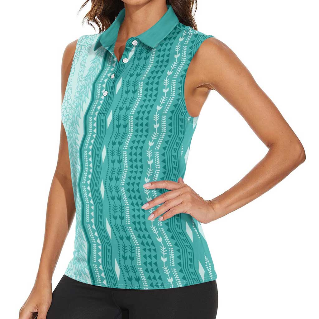 Vintage Teal Hawaiian Traditional Kapa Mix Flowers Lei Women Sleeveless Polo Shirt LT7 - Polynesian Pride