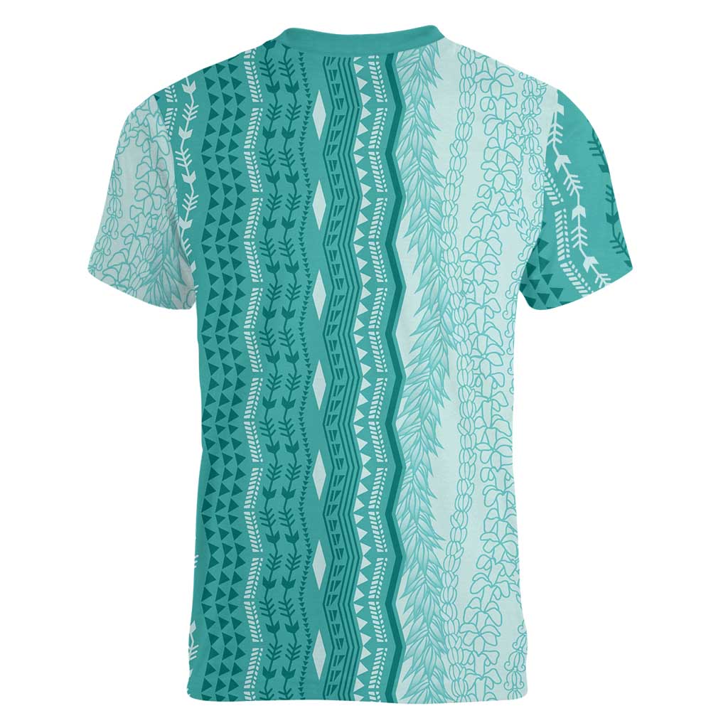 Vintage Teal Hawaiian Traditional Kapa Mix Flowers Lei Women V-Neck T-Shirt
