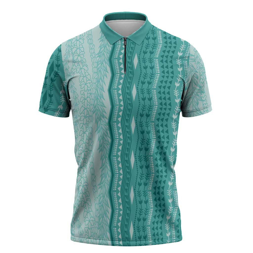 Vintage Teal Hawaiian Traditional Kapa Mix Flowers Lei Zipper Polo Shirt LT7 Teal - Polynesian Pride