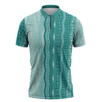 Vintage Teal Hawaiian Traditional Kapa Mix Flowers Lei Zipper Polo Shirt LT7 Teal - Polynesian Pride
