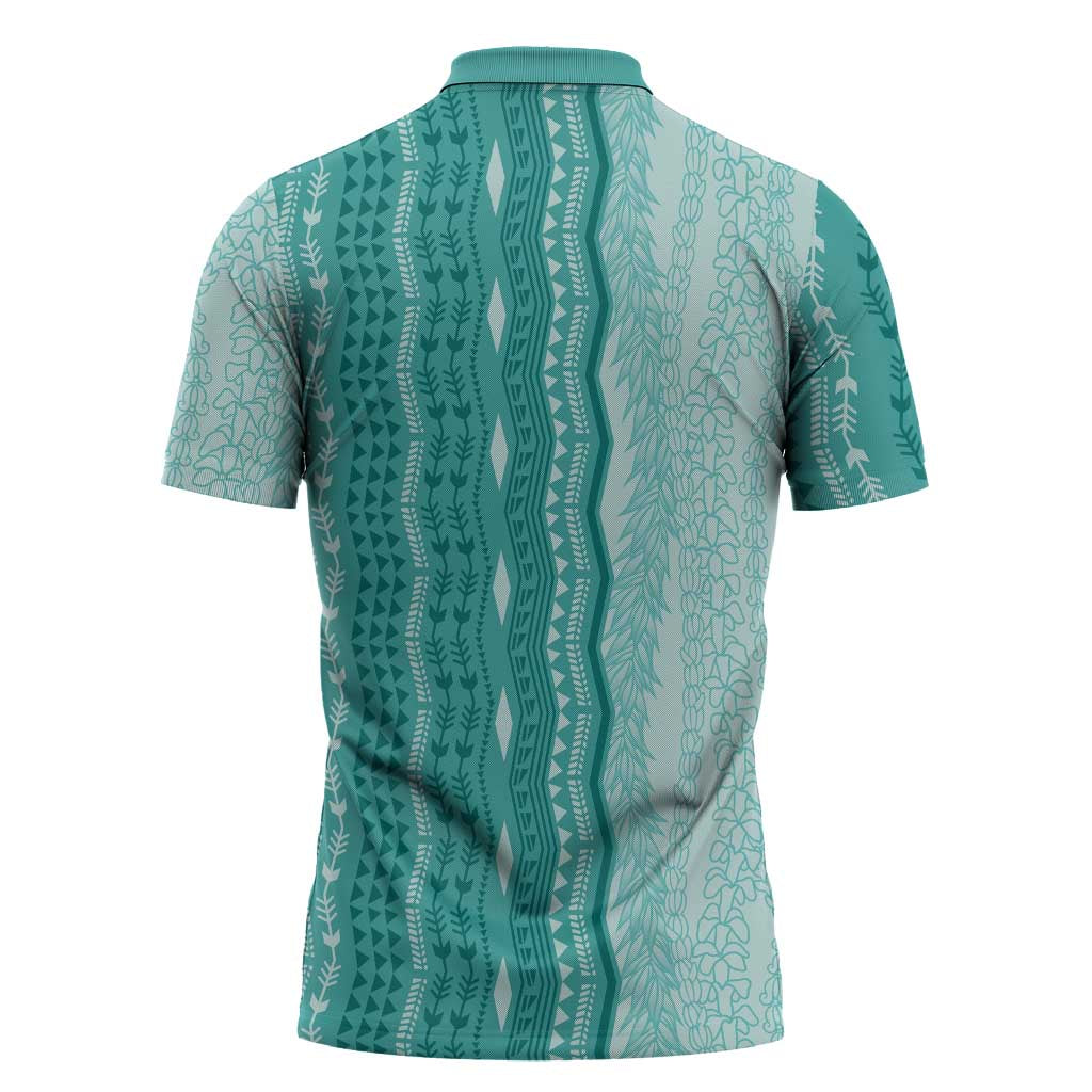Vintage Teal Hawaiian Traditional Kapa Mix Flowers Lei Zipper Polo Shirt LT7 - Polynesian Pride