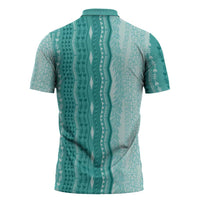 Vintage Teal Hawaiian Traditional Kapa Mix Flowers Lei Zipper Polo Shirt LT7 - Polynesian Pride