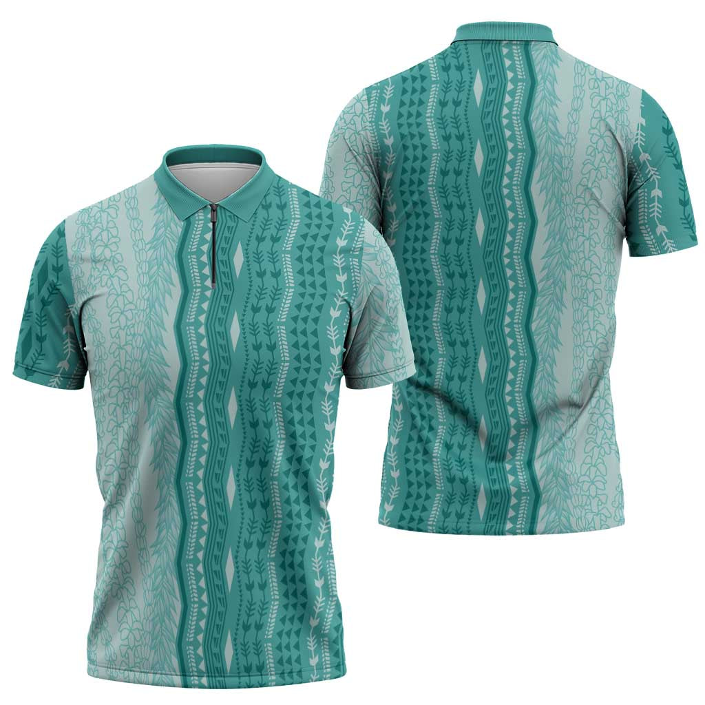 Vintage Teal Hawaiian Traditional Kapa Mix Flowers Lei Zipper Polo Shirt LT7 - Polynesian Pride