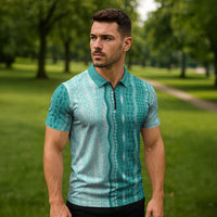 Vintage Teal Hawaiian Traditional Kapa Mix Flowers Lei Zipper Polo Shirt LT7 - Polynesian Pride