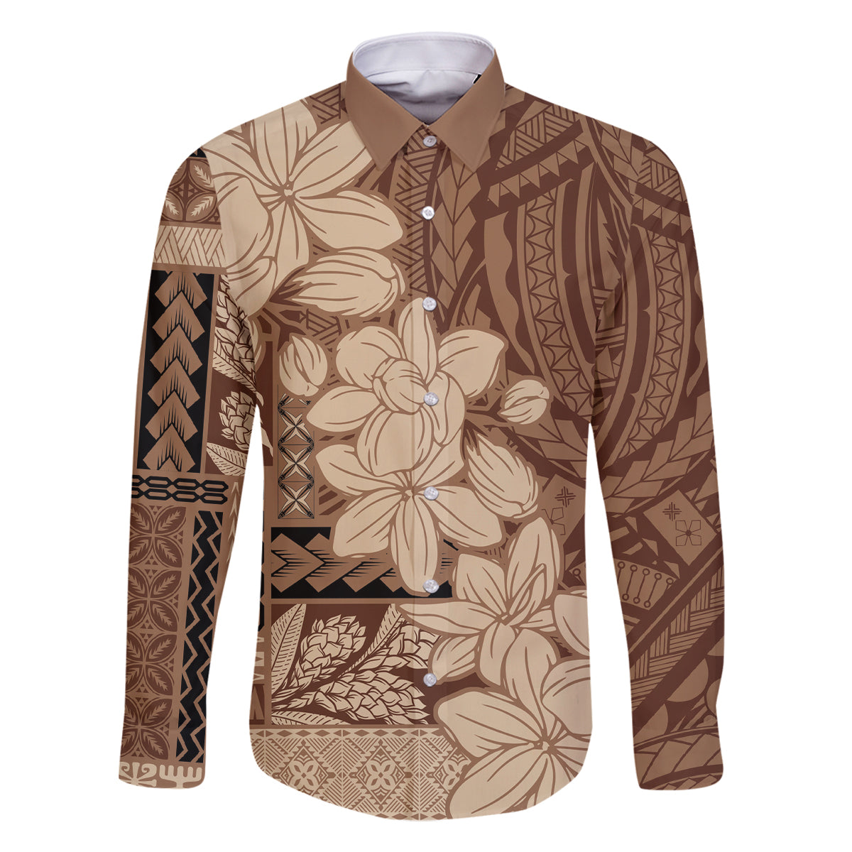 Samoa Women's Day Family Matching Summer Maxi Dress and Hawaiian Shirt Tiale Flower Mix Siapo Tapa LT7 Dad's Shirt - Long Sleeve Beige - Polynesian Pride