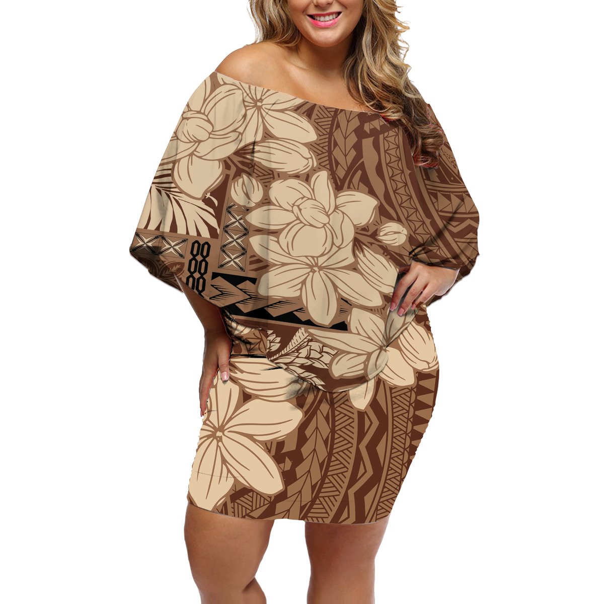 Samoa Women's Day Off Shoulder Short Dress Tiale Flower Mix Siapo Tapa LT7 Women Beige - Polynesian Pride