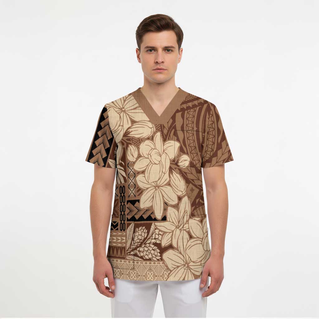 Samoa Women's Day Scrub Top Tiale Flower Mix Siapo Tapa - Polynesian Pride