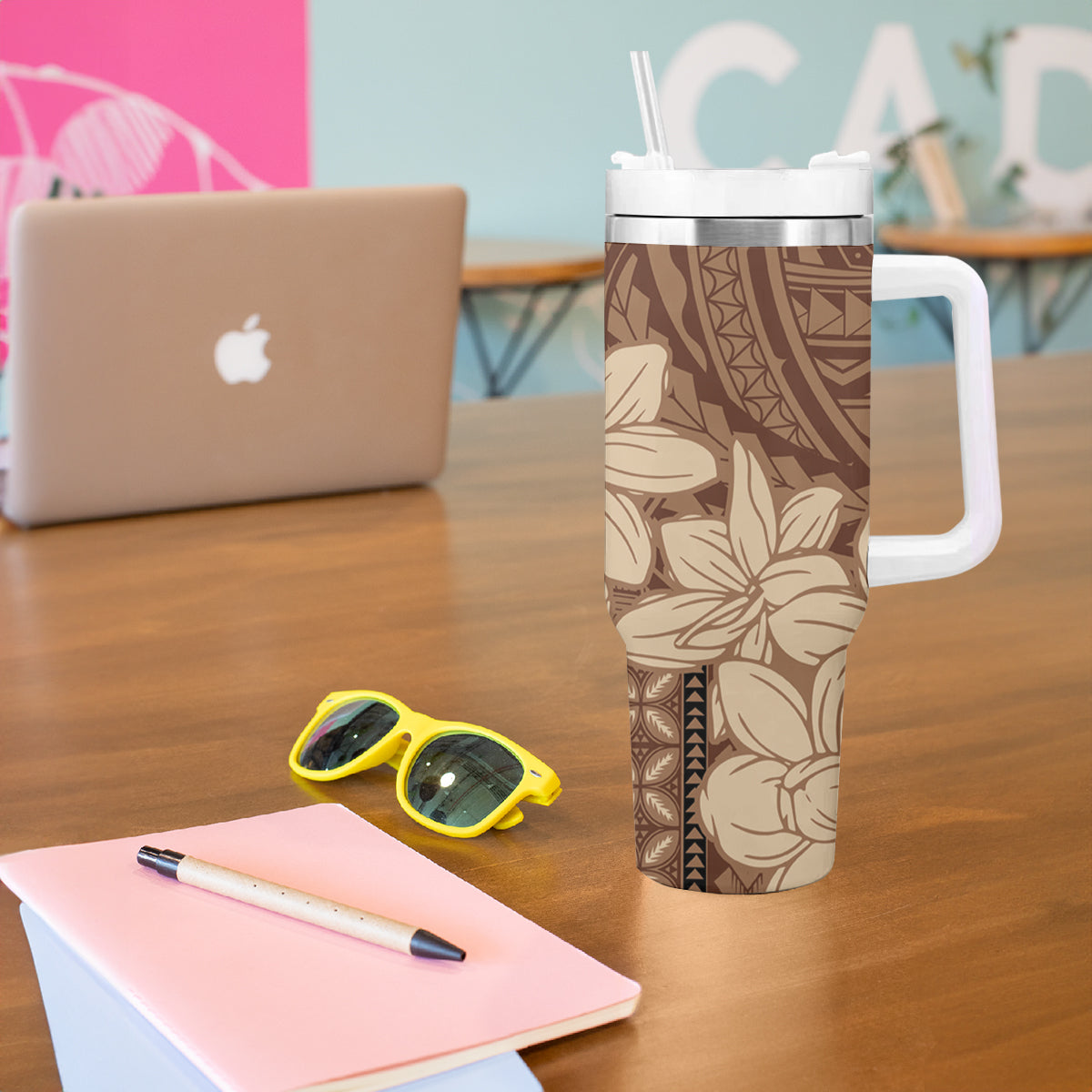 Samoa Women's Day Tumbler With Handle Tiale Flower Mix Siapo Tapa