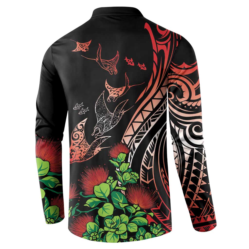 Aloha Hawaii Manta Rays Button Sweatshirt Red Ohia Lehua