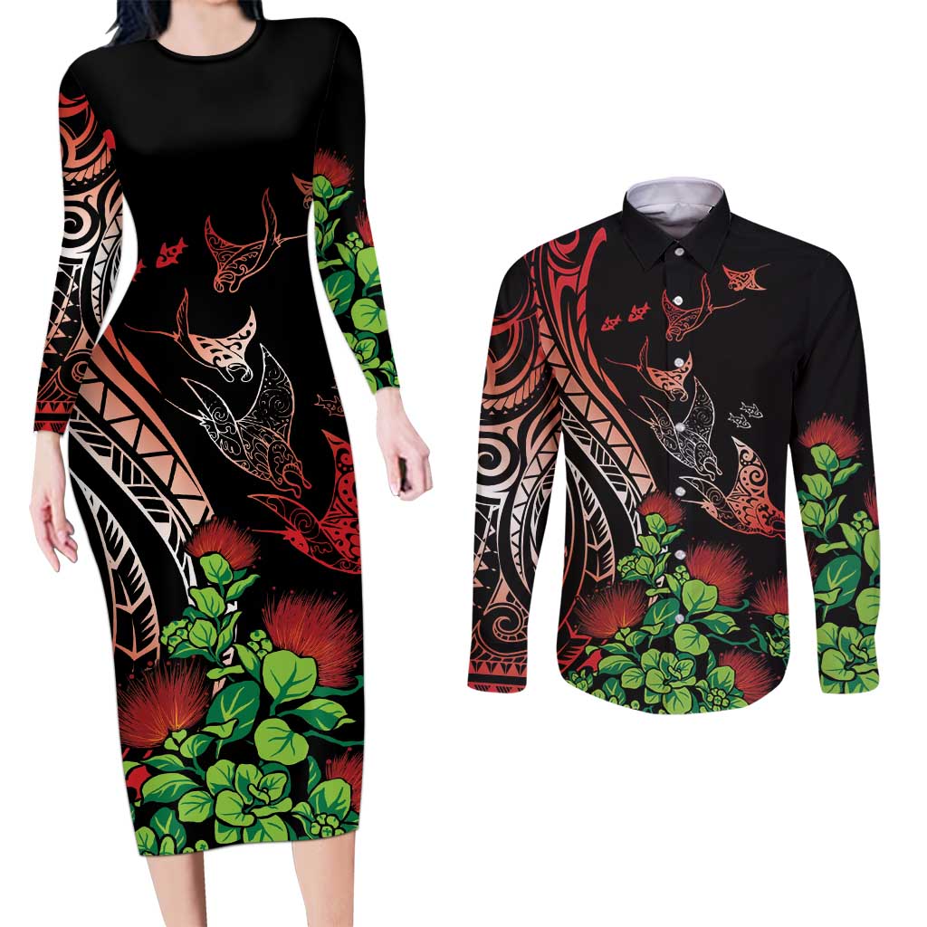 Aloha Hawaii Manta Rays Couples Matching Long Sleeve Bodycon Dress and Long Sleeve Button Shirt Red Ohia Lehua