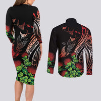 Aloha Hawaii Manta Rays Couples Matching Long Sleeve Bodycon Dress and Long Sleeve Button Shirt Red Ohia Lehua