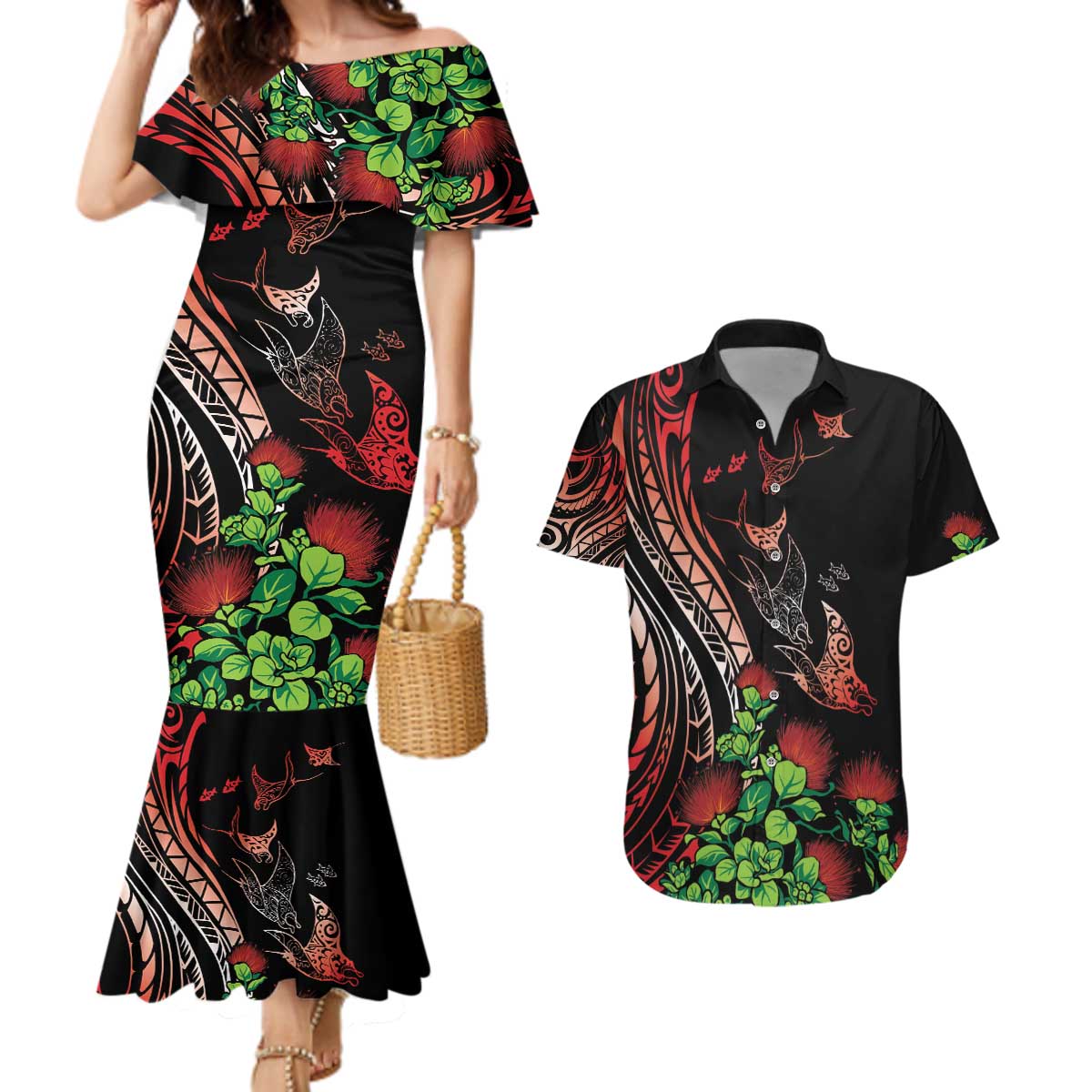 Aloha Hawaii Manta Rays Couples Matching Mermaid Dress and Hawaiian Shirt Red Ohia Lehua
