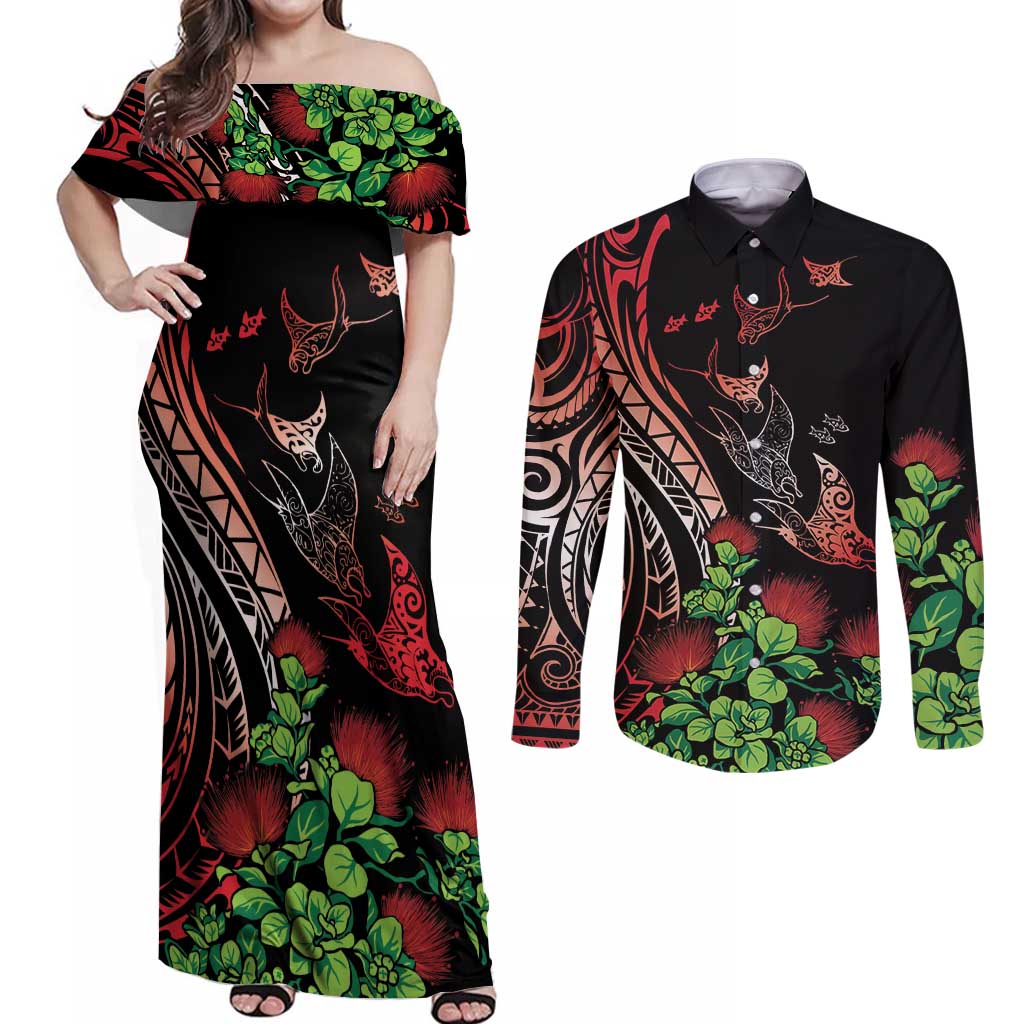 Aloha Hawaii Manta Rays Couples Matching Off Shoulder Maxi Dress and Long Sleeve Button Shirt Red Ohia Lehua