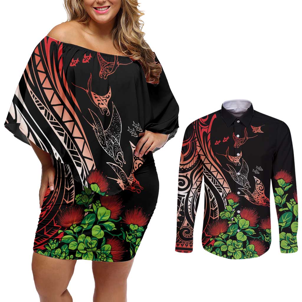 Aloha Hawaii Manta Rays Couples Matching Off Shoulder Short Dress and Long Sleeve Button Shirt Red Ohia Lehua