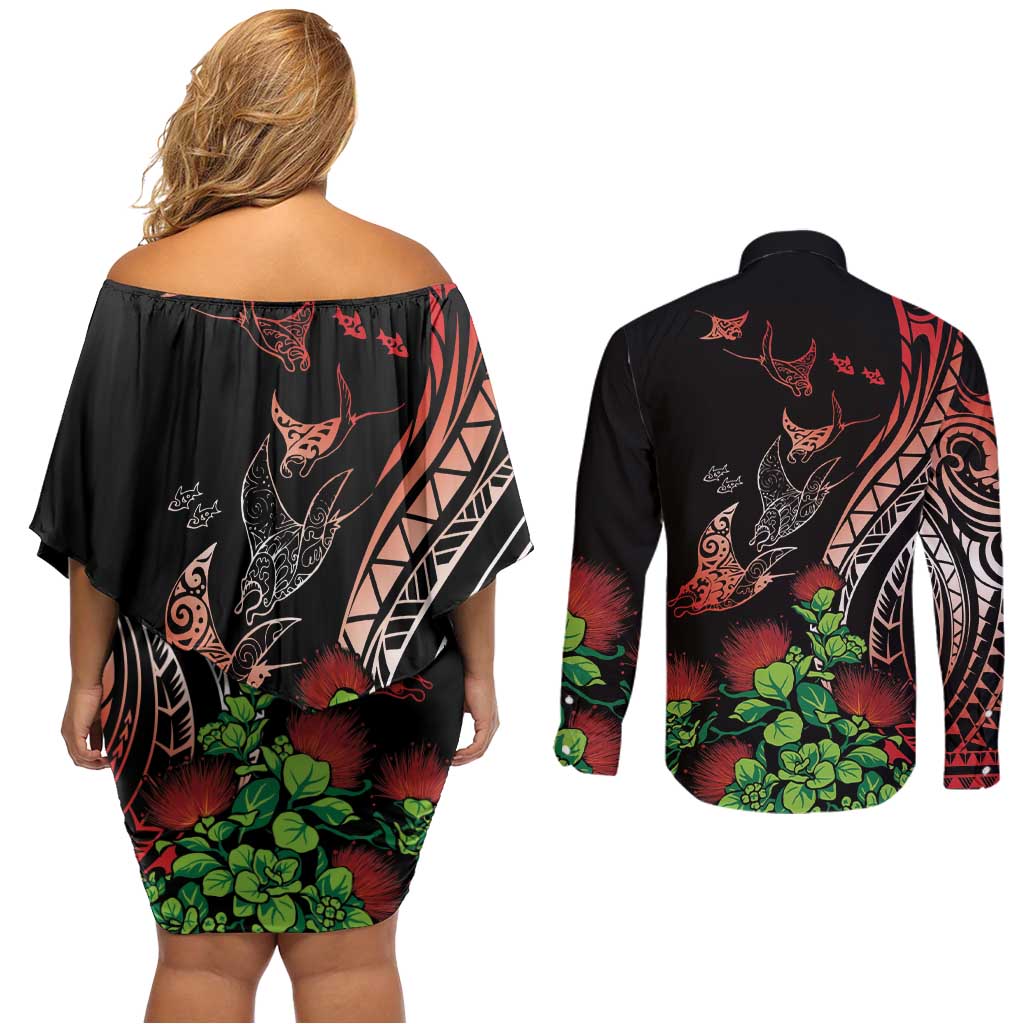 Aloha Hawaii Manta Rays Couples Matching Off Shoulder Short Dress and Long Sleeve Button Shirt Red Ohia Lehua