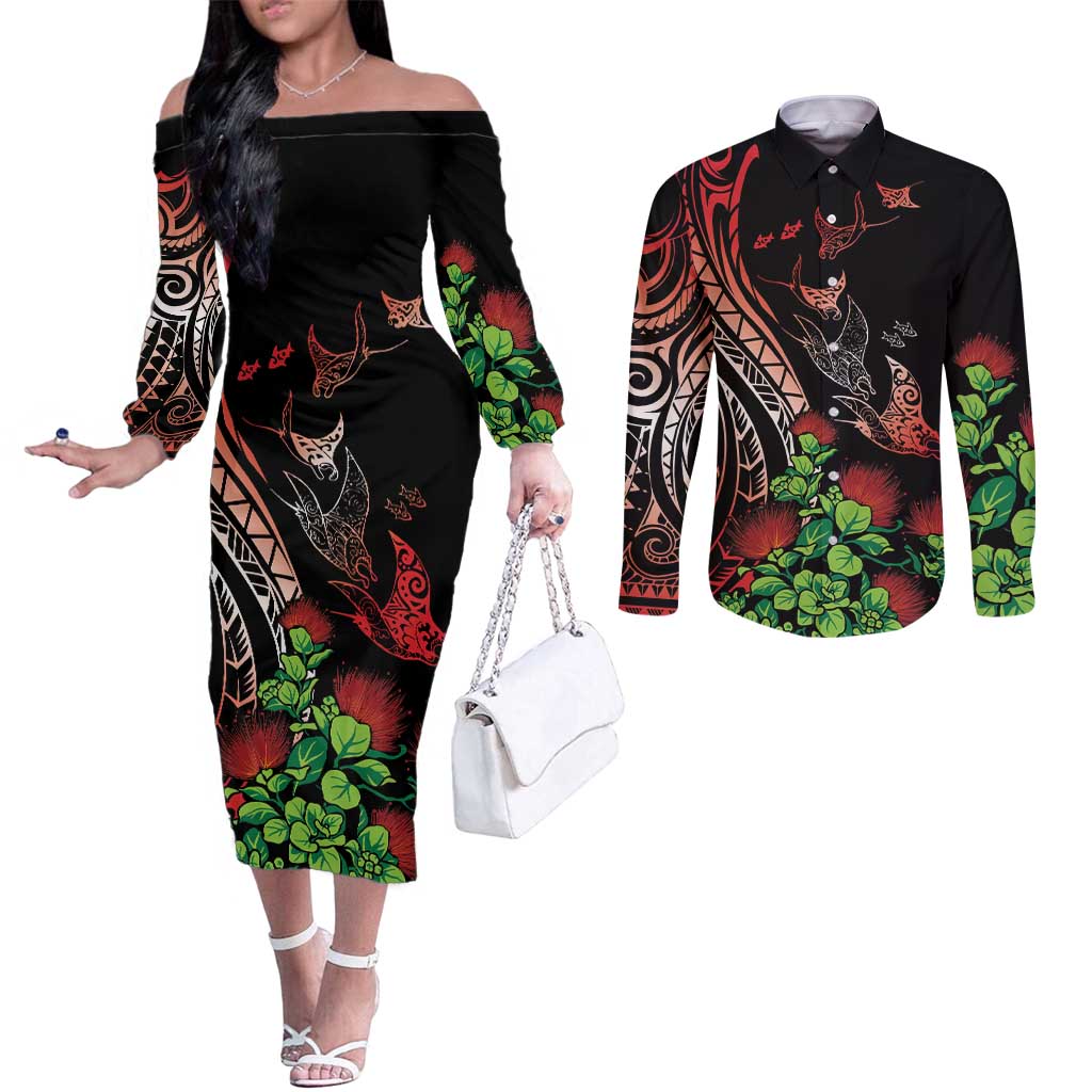 Aloha Hawaii Manta Rays Couples Matching Off The Shoulder Long Sleeve Dress and Long Sleeve Button Shirt Red Ohia Lehua