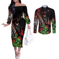 Aloha Hawaii Manta Rays Couples Matching Off The Shoulder Long Sleeve Dress and Long Sleeve Button Shirt Red Ohia Lehua