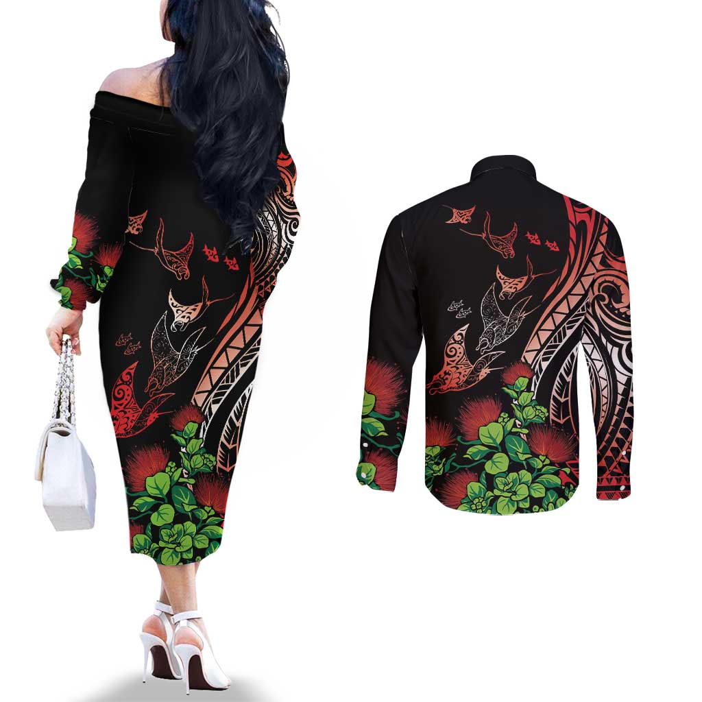 Aloha Hawaii Manta Rays Couples Matching Off The Shoulder Long Sleeve Dress and Long Sleeve Button Shirt Red Ohia Lehua