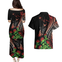 Aloha Hawaii Manta Rays Couples Matching Puletasi and Hawaiian Shirt Red Ohia Lehua