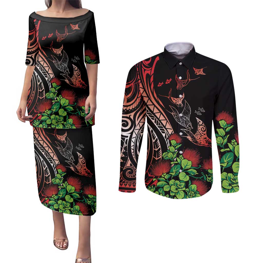 Aloha Hawaii Manta Rays Couples Matching Puletasi and Long Sleeve Button Shirt Red Ohia Lehua