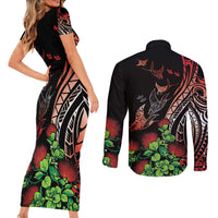 Aloha Hawaii Manta Rays Couples Matching Short Sleeve Bodycon Dress and Long Sleeve Button Shirt Red Ohia Lehua
