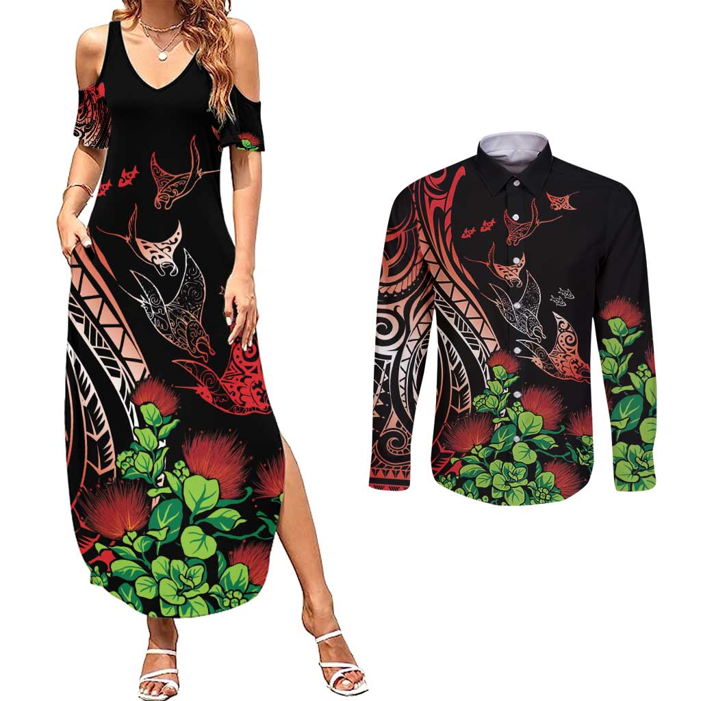 Aloha Hawaii Manta Rays Couples Matching Summer Maxi Dress and Long Sleeve Button Shirt Red Ohia Lehua