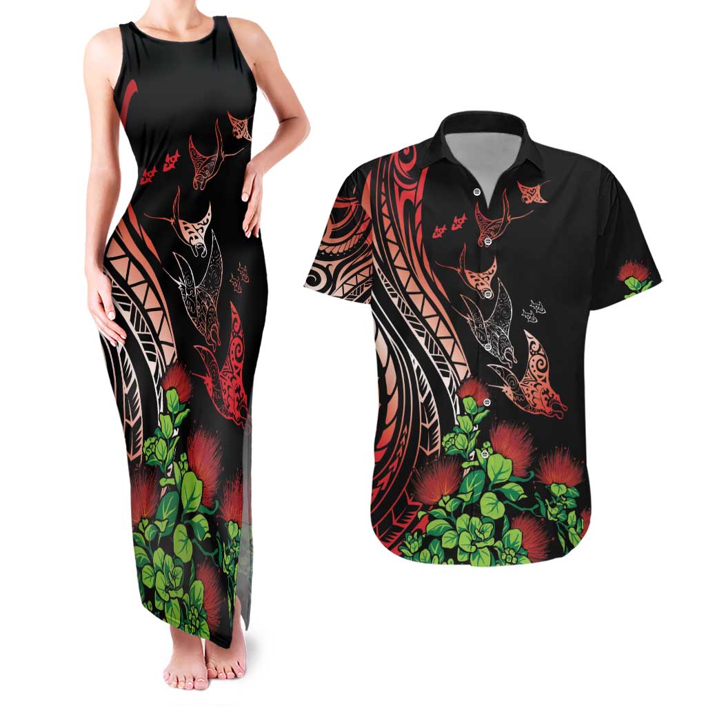 Aloha Hawaii Manta Rays Couples Matching Tank Maxi Dress and Hawaiian Shirt Red Ohia Lehua