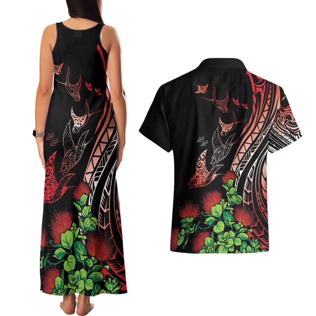 Aloha Hawaii Manta Rays Couples Matching Tank Maxi Dress and Hawaiian Shirt Red Ohia Lehua