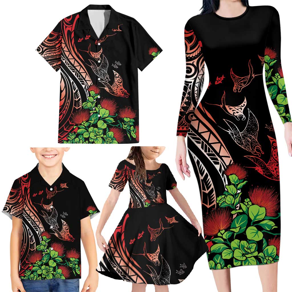 Aloha Hawaii Manta Rays Family Matching Long Sleeve Bodycon Dress and Hawaiian Shirt Red Ohia Lehua