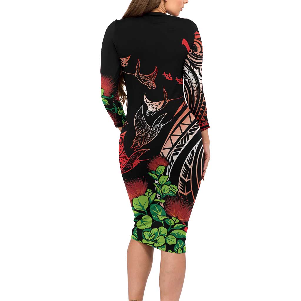 Aloha Hawaii Manta Rays Family Matching Long Sleeve Bodycon Dress and Hawaiian Shirt Red Ohia Lehua