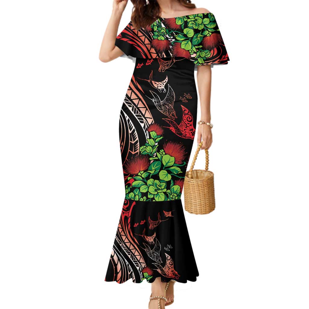 Aloha Hawaii Manta Rays Family Matching Mermaid Dress and Hawaiian Shirt Red Ohia Lehua
