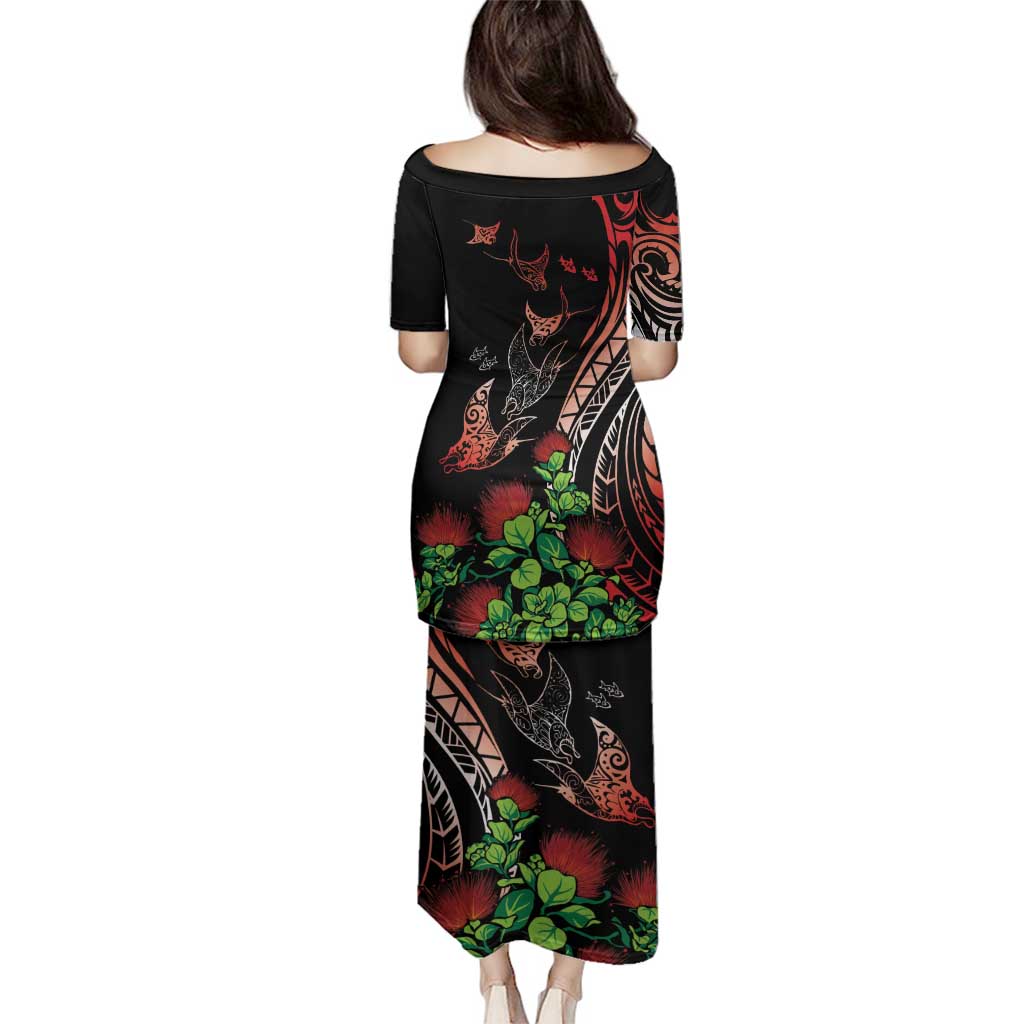 Aloha Hawaii Manta Rays Family Matching Puletasi and Hawaiian Shirt Red Ohia Lehua