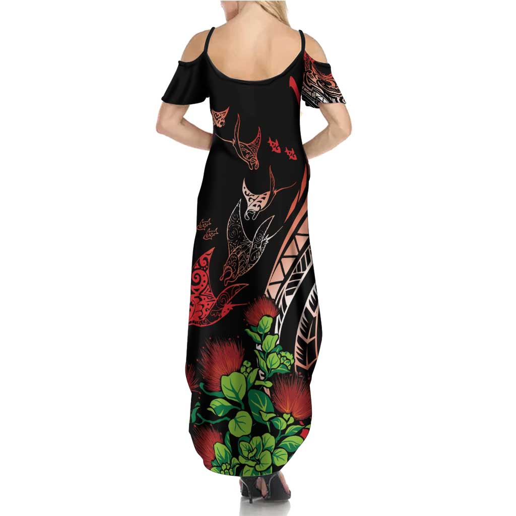 Aloha Hawaii Manta Rays Family Matching Summer Maxi Dress and Hawaiian Shirt Red Ohia Lehua