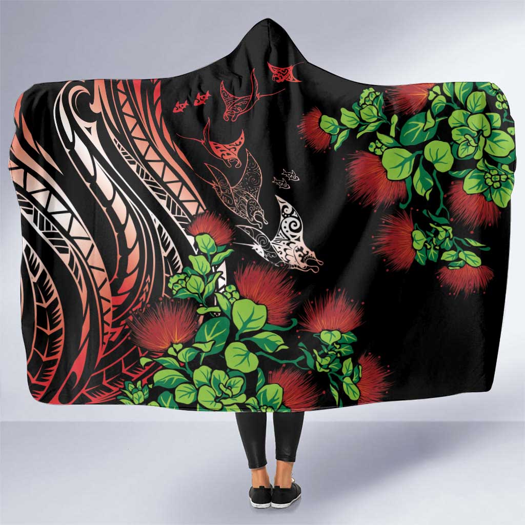 Aloha Hawaii Manta Rays Hooded Blanket Red Ohia Lehua