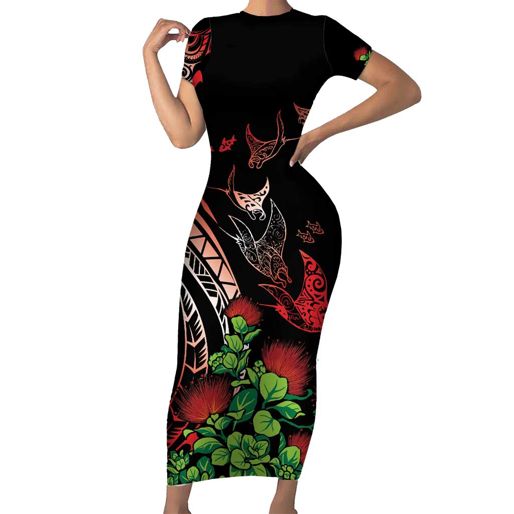 Aloha Hawaii Manta Rays Short Sleeve Bodycon Dress Red Ohia Lehua