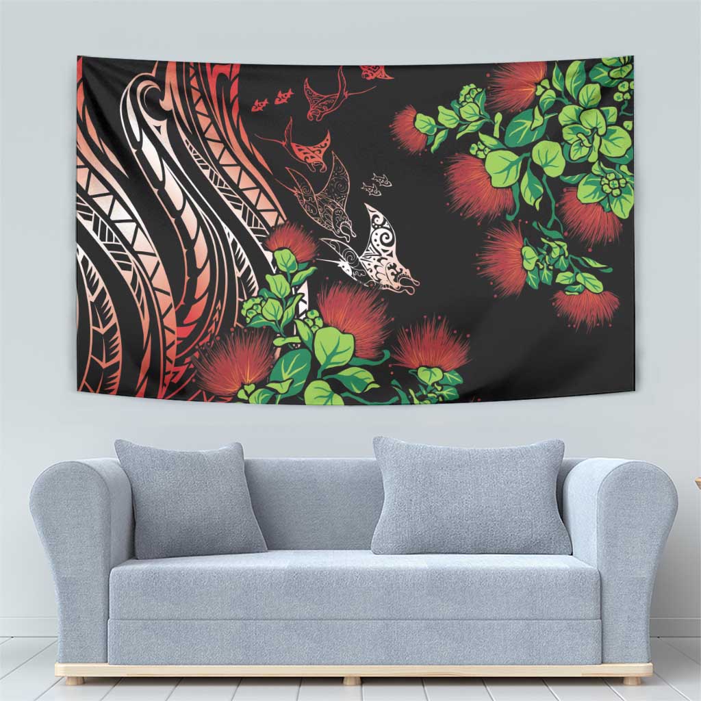 Aloha Hawaii Manta Rays Tapestry Red Ohia Lehua