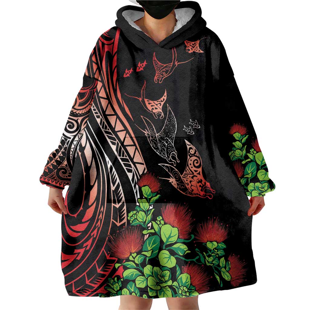 Aloha Hawaii Manta Rays Wearable Blanket Hoodie Red Ohia Lehua