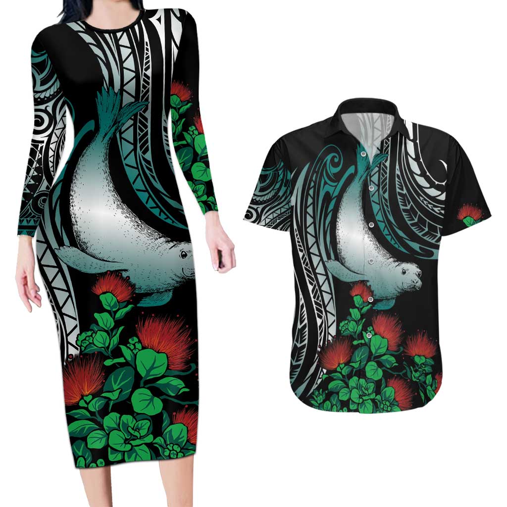 Aloha Hawaii Monk Seal Couples Matching Long Sleeve Bodycon Dress and Hawaiian Shirt Mix Ohia Lehua