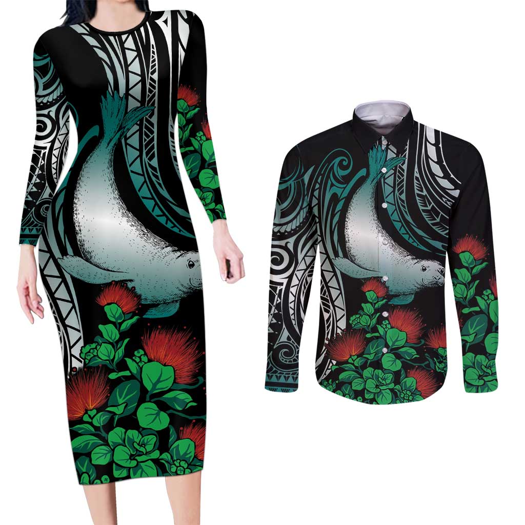Aloha Hawaii Monk Seal Couples Matching Long Sleeve Bodycon Dress and Long Sleeve Button Shirt Mix Ohia Lehua