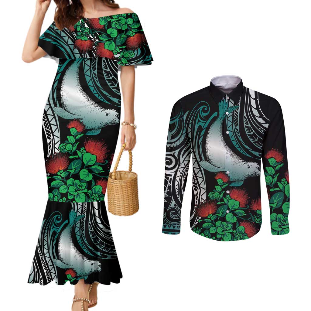 Aloha Hawaii Monk Seal Couples Matching Mermaid Dress and Long Sleeve Button Shirt Mix Ohia Lehua