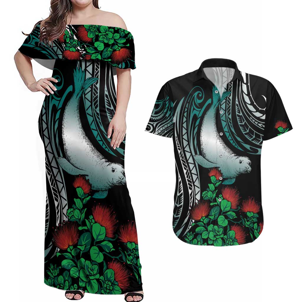 Aloha Hawaii Monk Seal Couples Matching Off Shoulder Maxi Dress and Hawaiian Shirt Mix Ohia Lehua